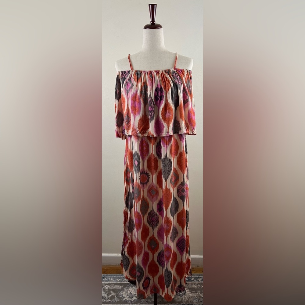 World Market Boho Multi Patterned Off The Shoulder Strappy Maxi Dress